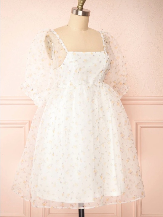 in loom Dresses & Skirts - White Floral Puff Sleeve Midi Dress